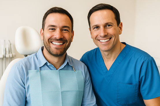 Patient loyalty program — happy patient with dentist after rewards