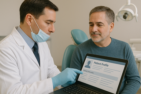 Secure patient records in Dental EHR — dentist showing digital chart